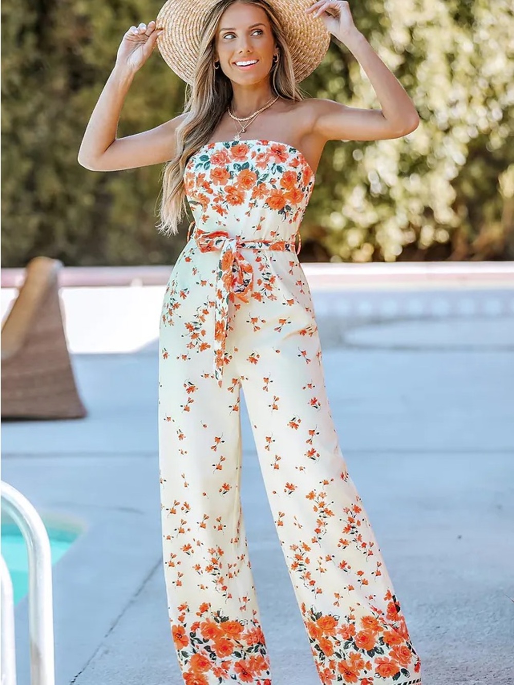 Strapless Cream Floral Wide-Leg Jumpsuit with Self-Tie Waist